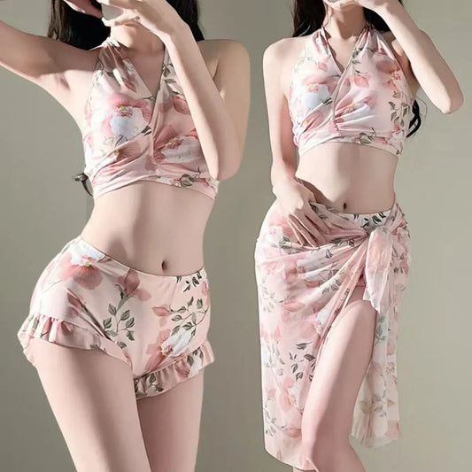 Floral Halter Bikini Set – Ruffled Mesh Wrap Skirt Swimwear - Bottoms - Swimwear - 1