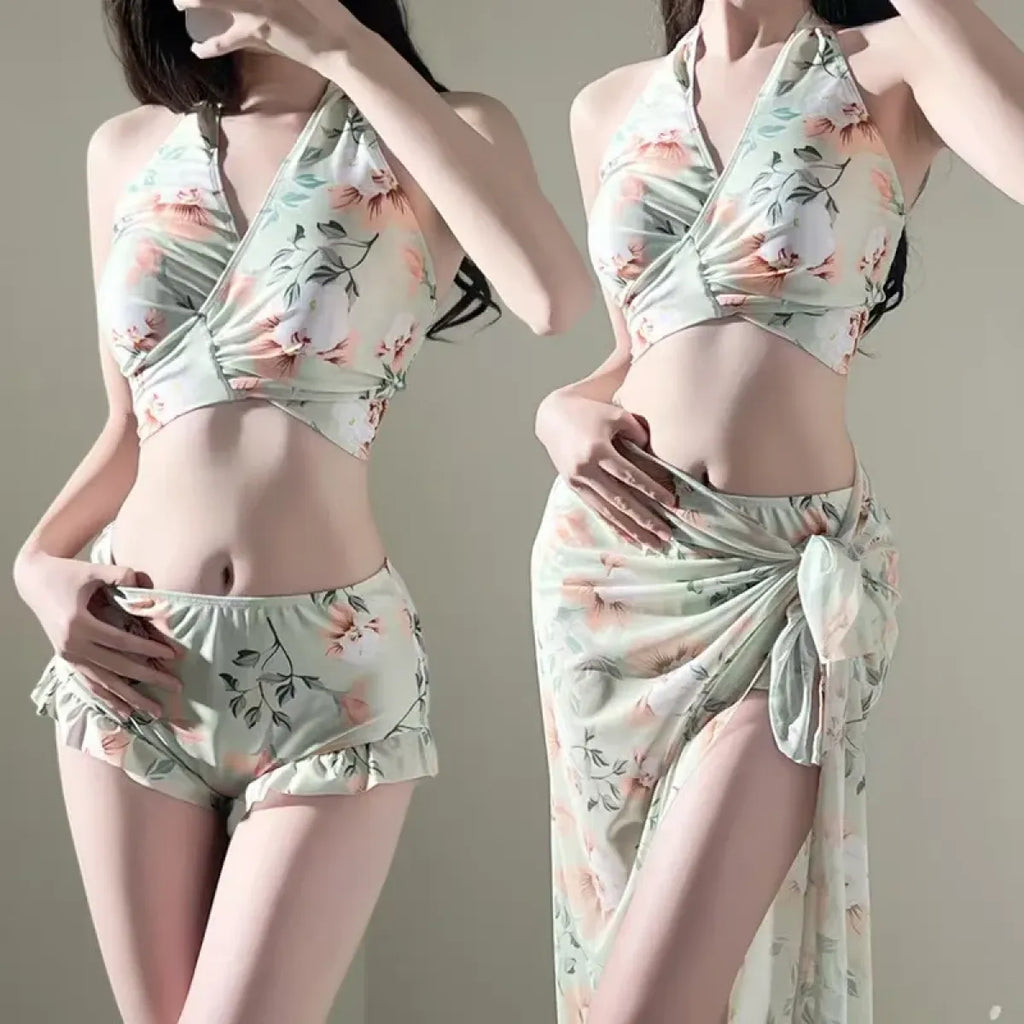 Floral Halter Bikini Set – Ruffled Mesh Wrap Skirt Swimwear - Bottoms - Swimwear - 10