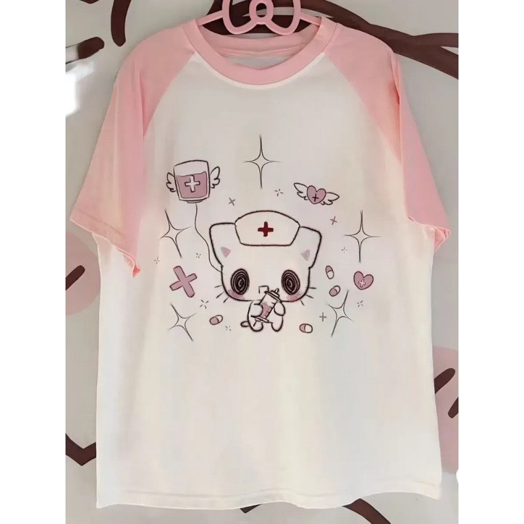 Kawaii Cartoon Patchwork T-Shirt – Harajuku Y2K Aesthetic Top - T-Shirts - Short - Round - T-Shirts - 1
