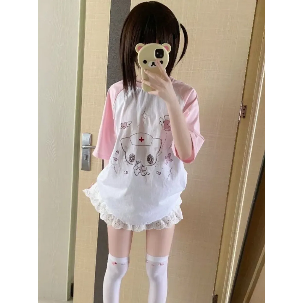 Kawaii Cartoon Patchwork T-Shirt – Harajuku Y2K Aesthetic Top - T-Shirts - Short - Round - T-Shirts - 2