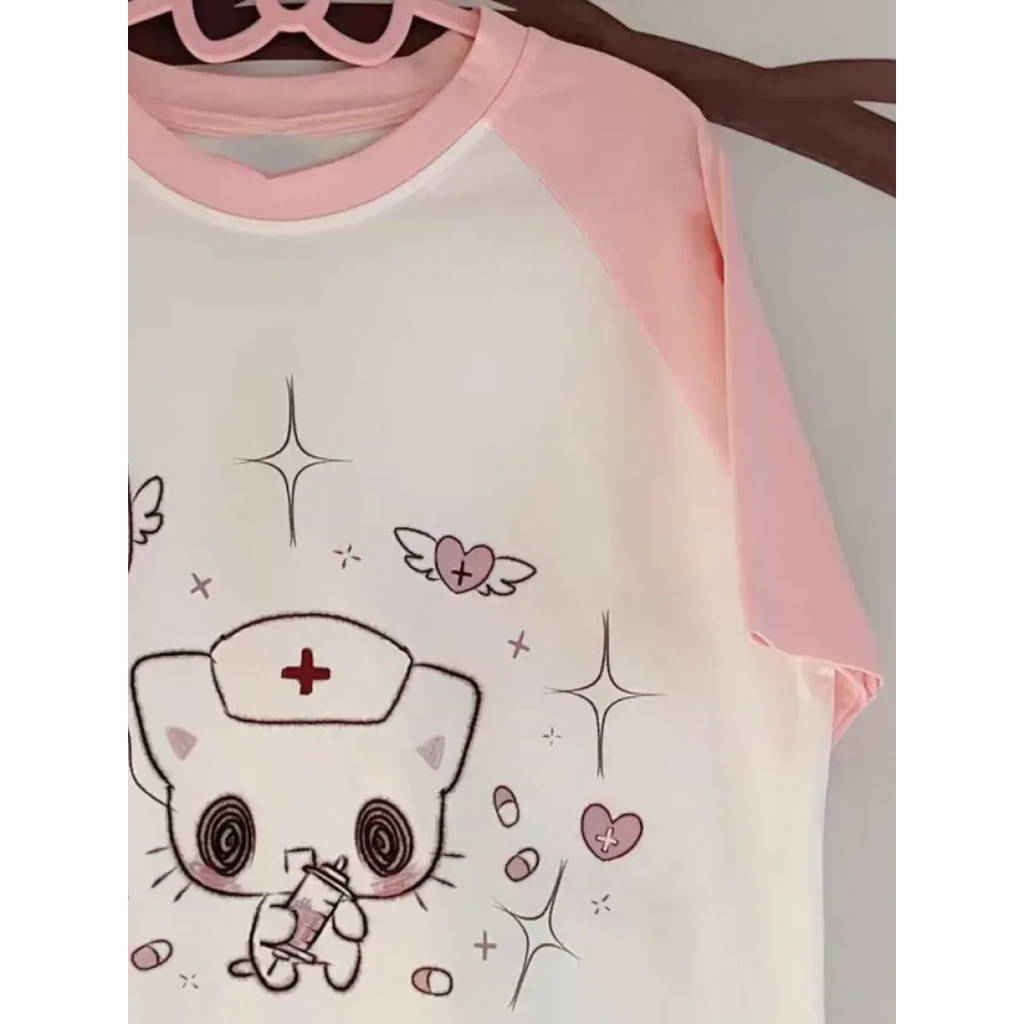 Kawaii Cartoon Patchwork T-Shirt – Harajuku Y2K Aesthetic Top - T-Shirts - Short - Round - T-Shirts - 4
