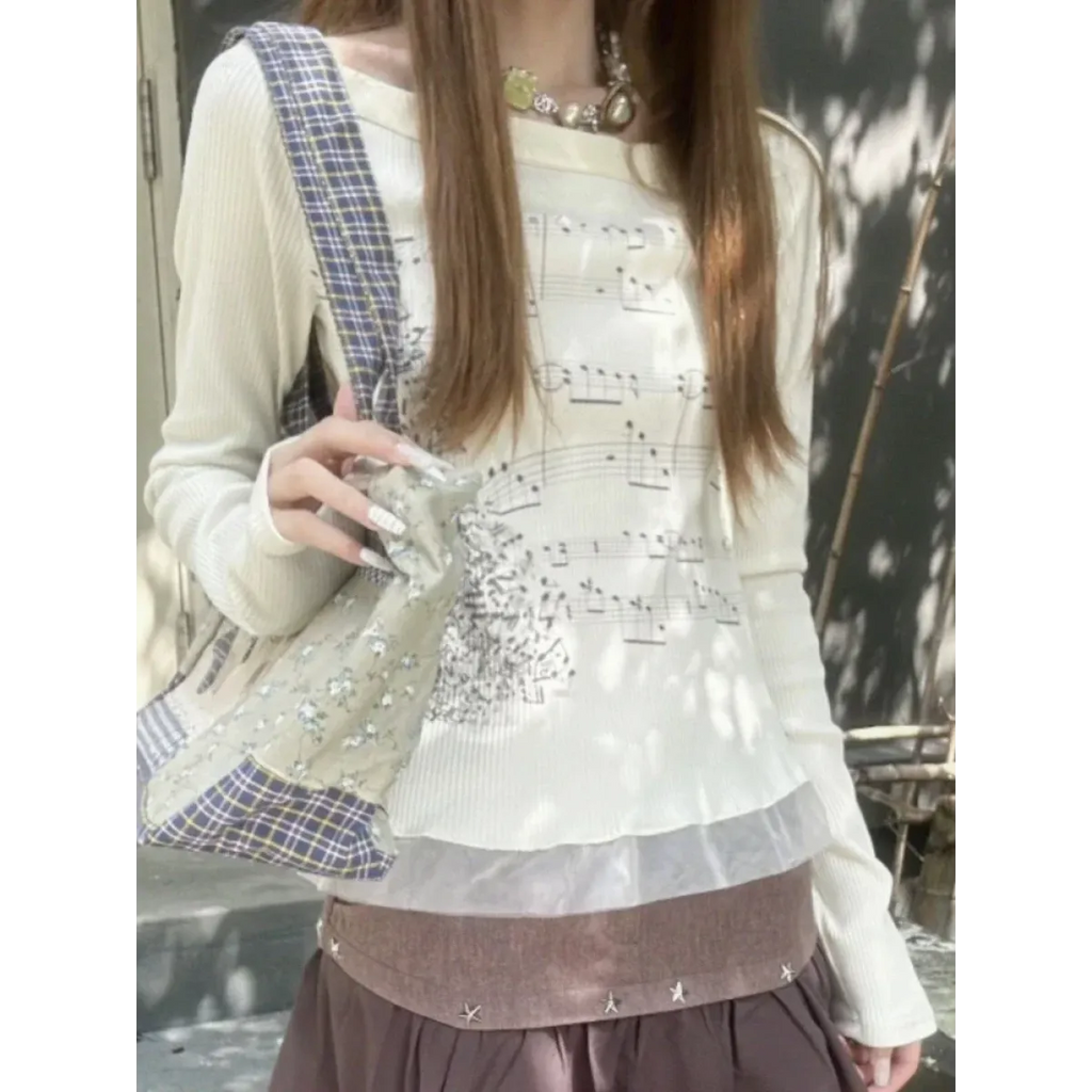 Y2K Aesthetic Long Sleeve Crop Top – Lace Grunge Print T-Shirt - T-Shirts - Long - Round - T-Shirts - 3