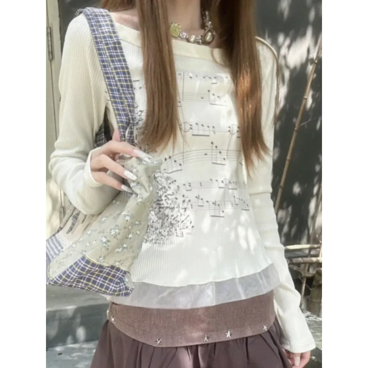 Y2K Aesthetic Long Sleeve Crop Top – Lace Grunge Print T-Shirt - T-Shirts - Long - Round - T-Shirts - 3