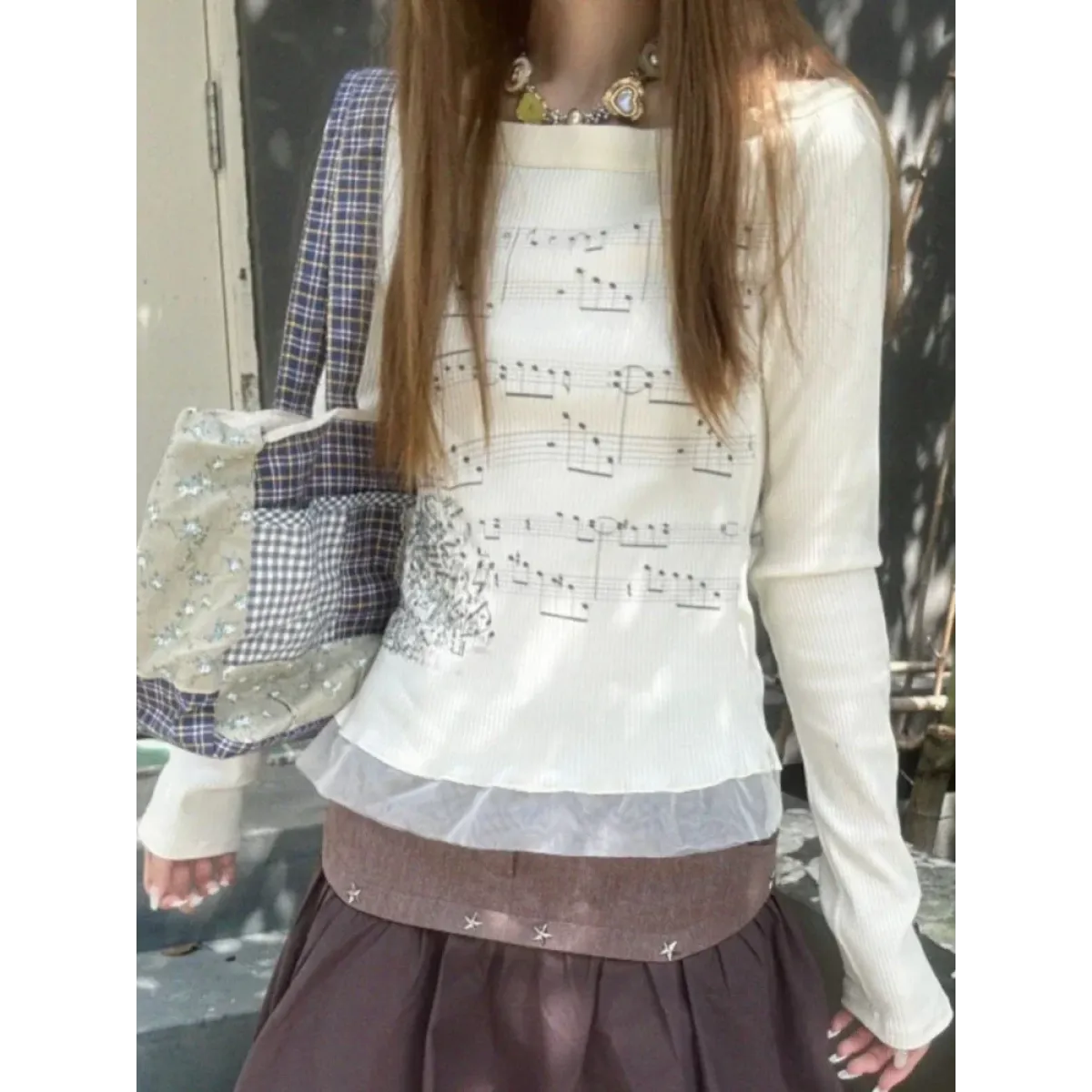 Y2K Aesthetic Long Sleeve Crop Top – Lace Grunge Print T-Shirt - T-Shirts - Long - Round - T-Shirts - 2