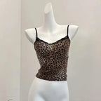 Leopard Print Lace Trim Cami – Y2K Aesthetic Vintage Tank Top - Bottoms - Sleeveless - Off-Shoulder - Tops - 1