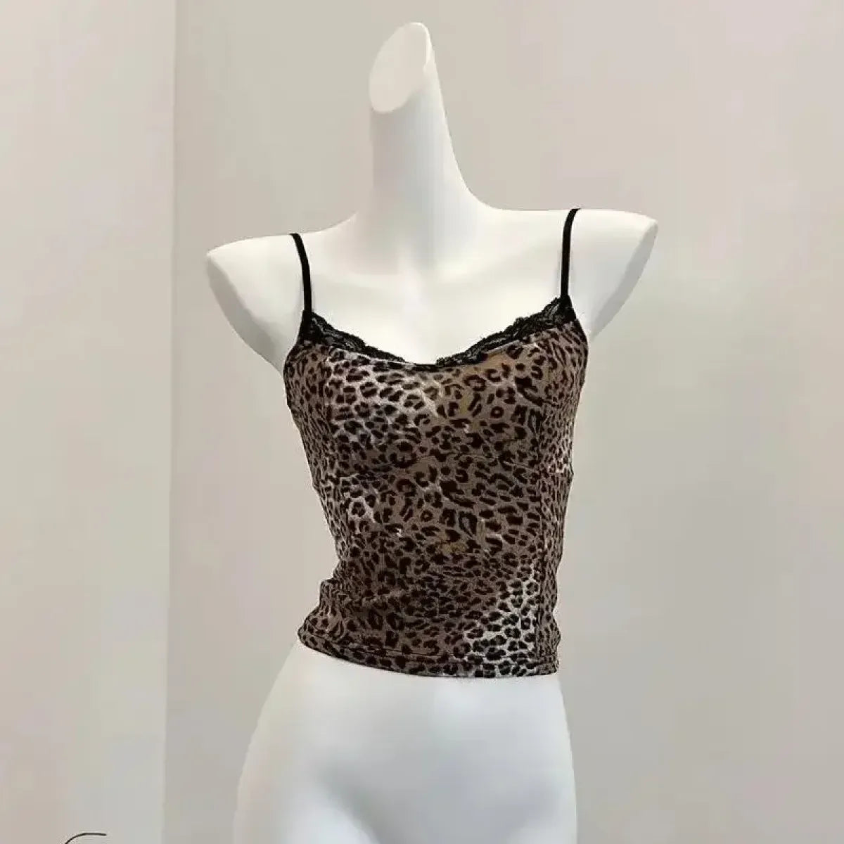 Leopard Print Lace Trim Cami – Y2K Aesthetic Vintage Tank Top - Bottoms - Sleeveless - Off-Shoulder - Tops - 1