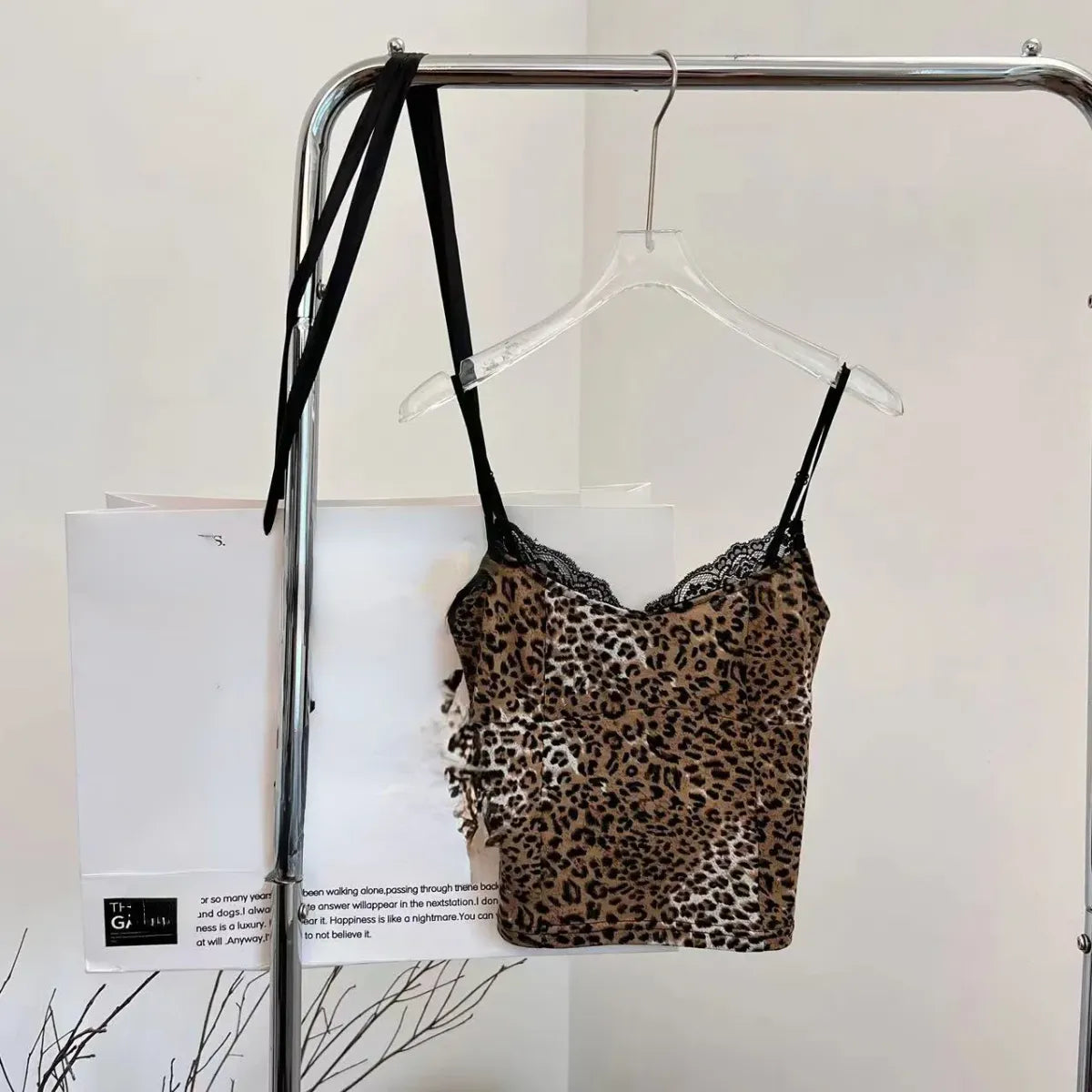Leopard Print Lace Trim Cami – Y2K Aesthetic Vintage Tank Top - Bottoms - Sleeveless - Off-Shoulder - Tops - 6