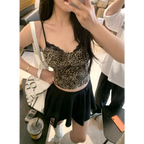 Leopard Print Lace Trim Cami – Y2K Aesthetic Vintage Tank Top - Bottoms - Sleeveless - Off-Shoulder - Tops - 3