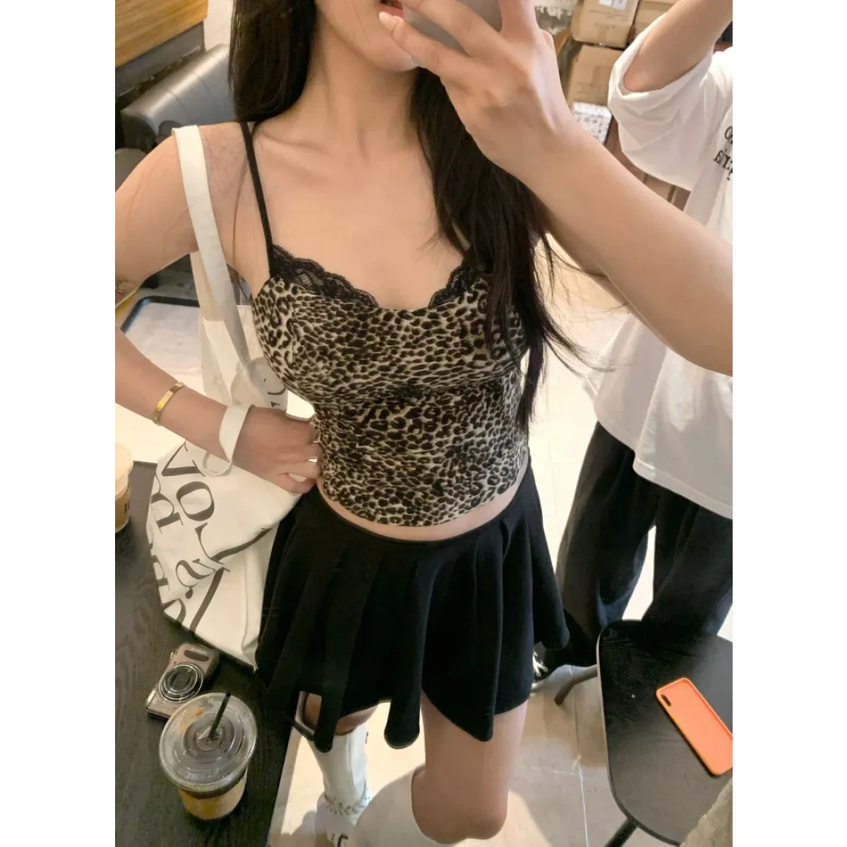 Leopard Print Lace Trim Cami – Y2K Aesthetic Vintage Tank Top - Bottoms - Sleeveless - Off-Shoulder - Tops - 3