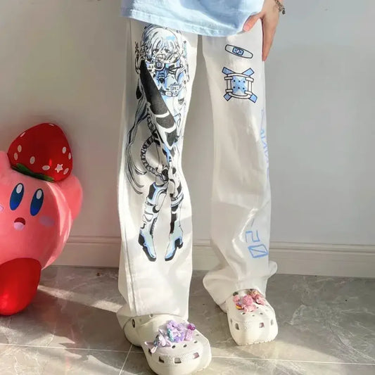 Y2K Anime Girl Print Harajuku White Pants - Bottoms - Pants - 1