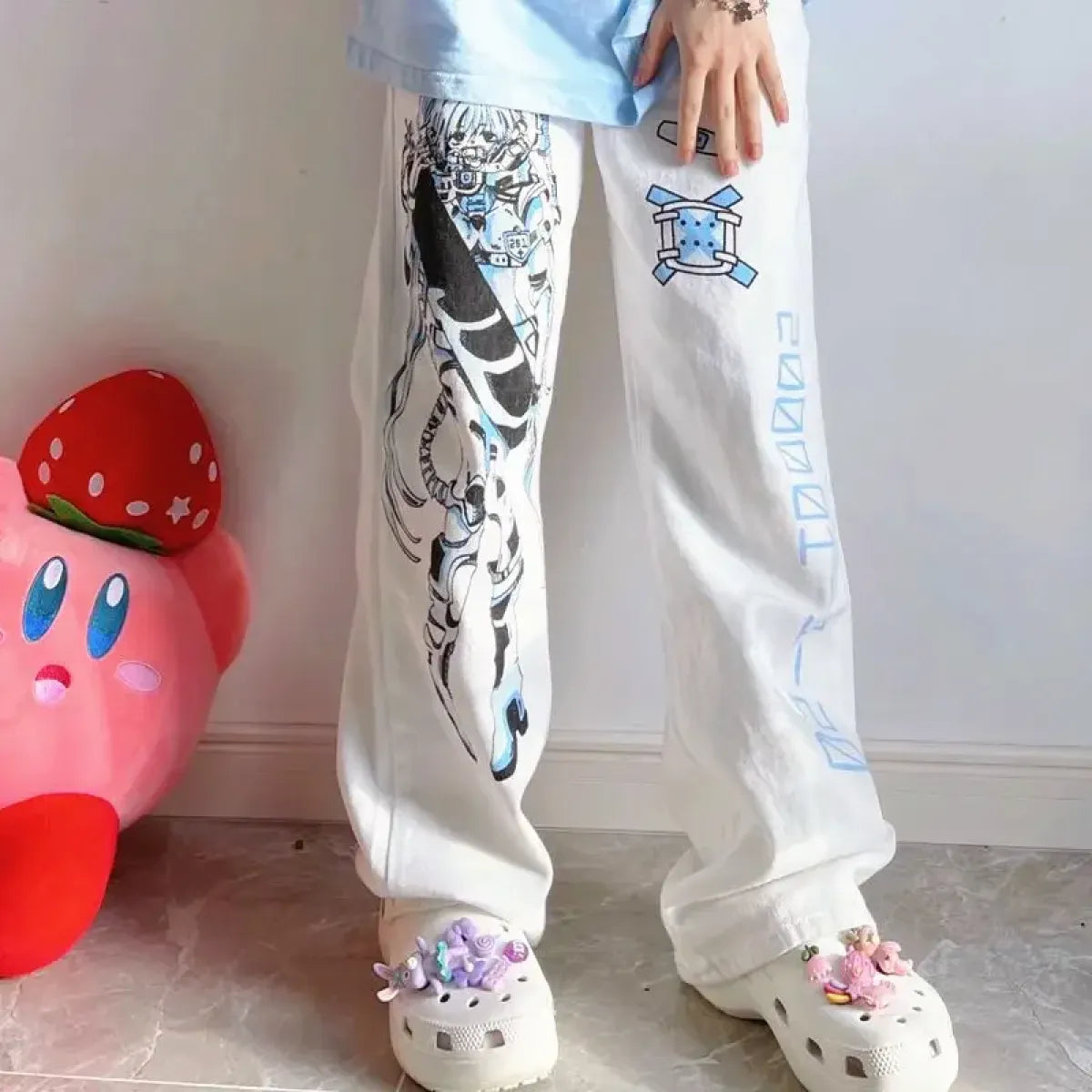 Y2K Anime Girl Print Harajuku White Pants - Bottoms - Pants - 3