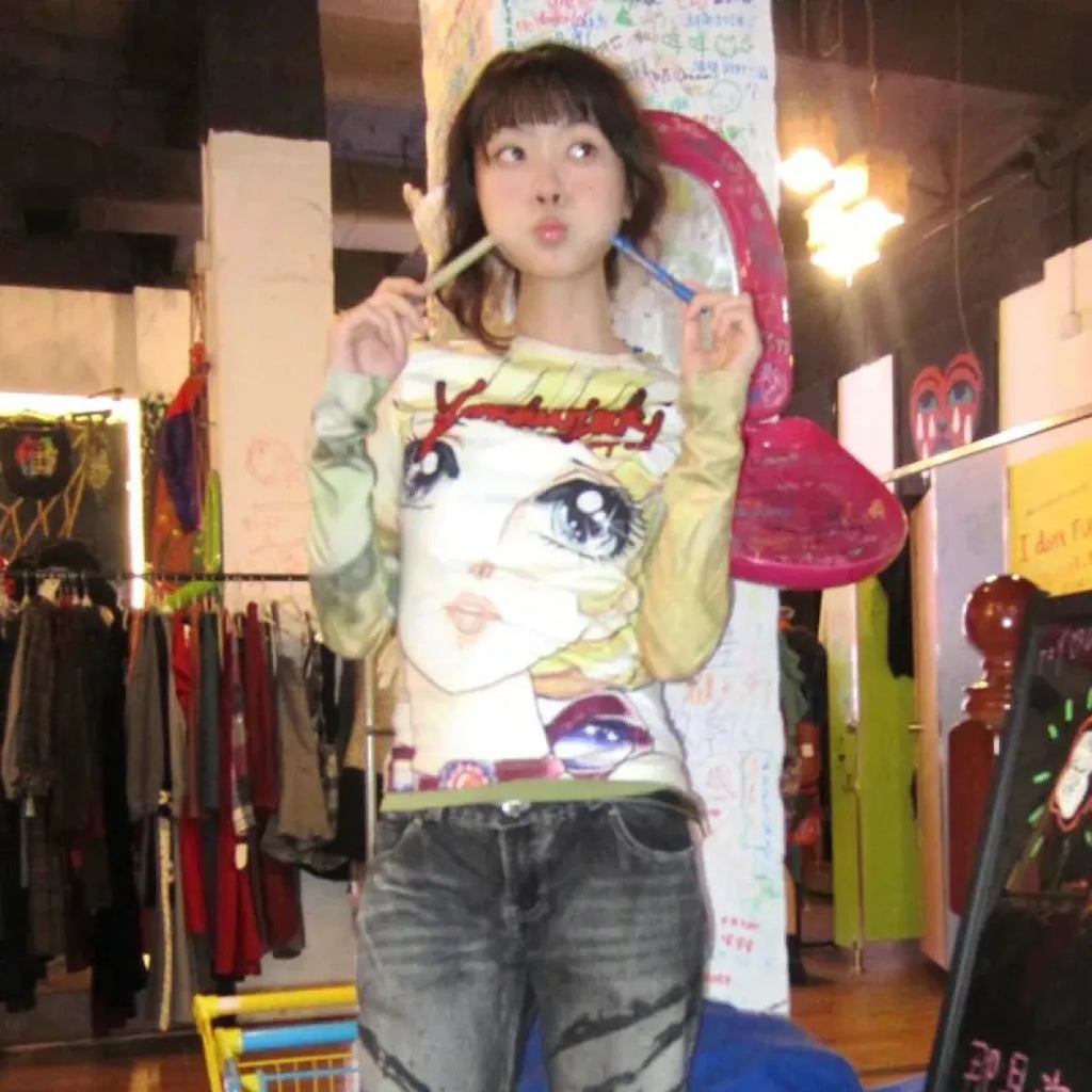 Y2K Anime Print Long Sleeve Tee – Harajuku Kawaii 2000s Aesthetic T-Shirt - T-Shirts - Short - Crew - T-Shirts - 1