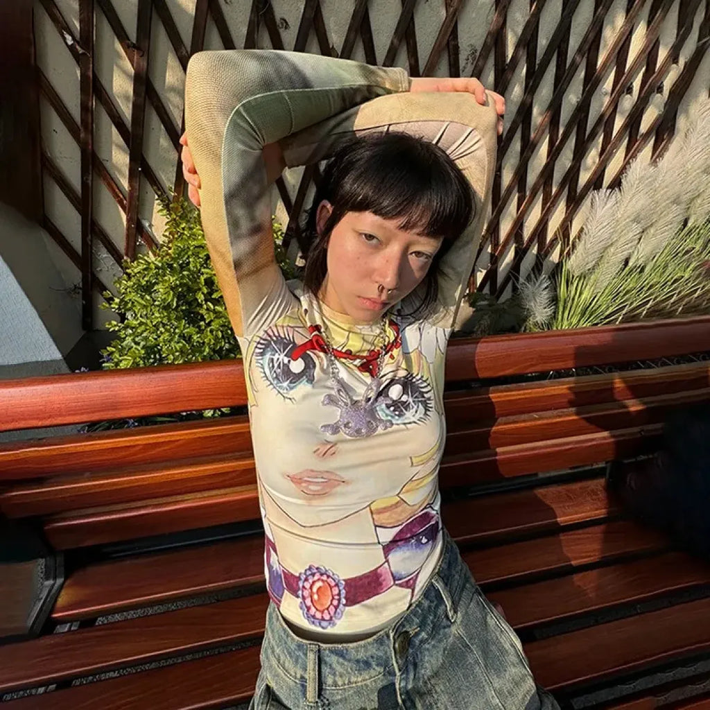 Y2K Anime Print Long Sleeve Tee – Harajuku Kawaii 2000s Aesthetic T-Shirt - T-Shirts - Short - Crew - T-Shirts - 4