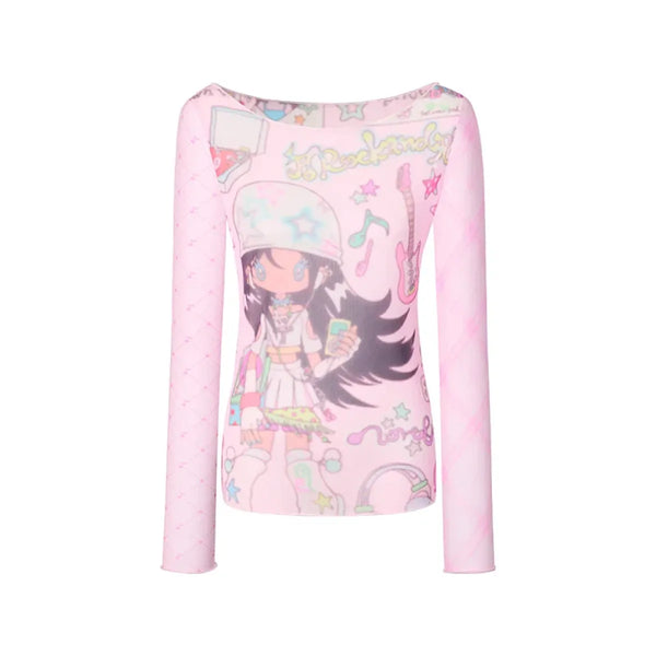 Y2K Anime Print Mesh Top – Pink Sheer Harajuku Kawaii T-Shirt - T-Shirts - Long - Crew - T-Shirts - 1