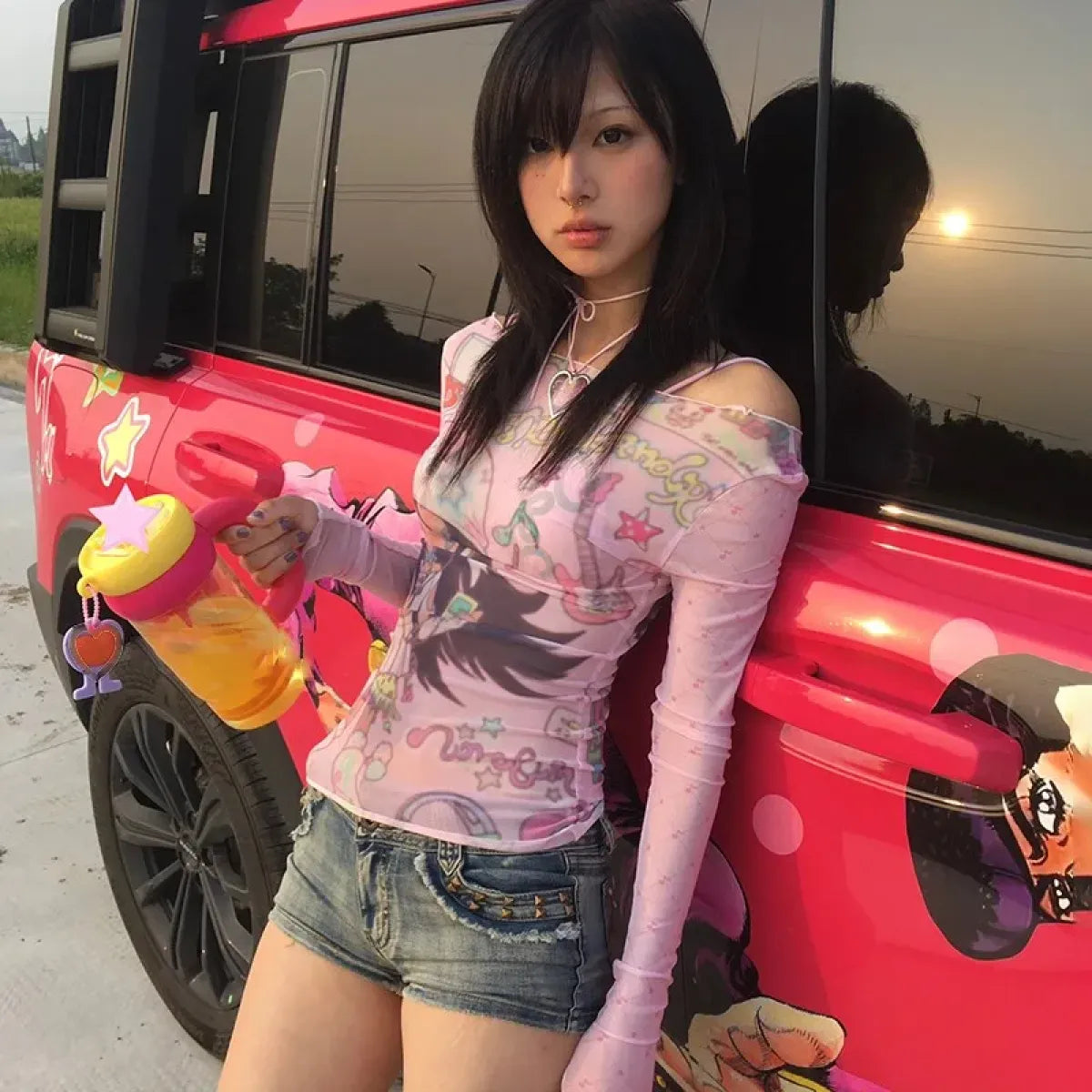 Y2K Anime Print Mesh Top – Pink Sheer Harajuku Kawaii T-Shirt - T-Shirts - Long - Crew - T-Shirts - 2