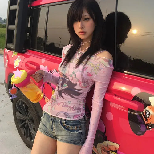 Y2K Anime Print Mesh Top – Pink Sheer Harajuku Kawaii T-Shirt - T-Shirts - Long - Crew - T-Shirts - 2