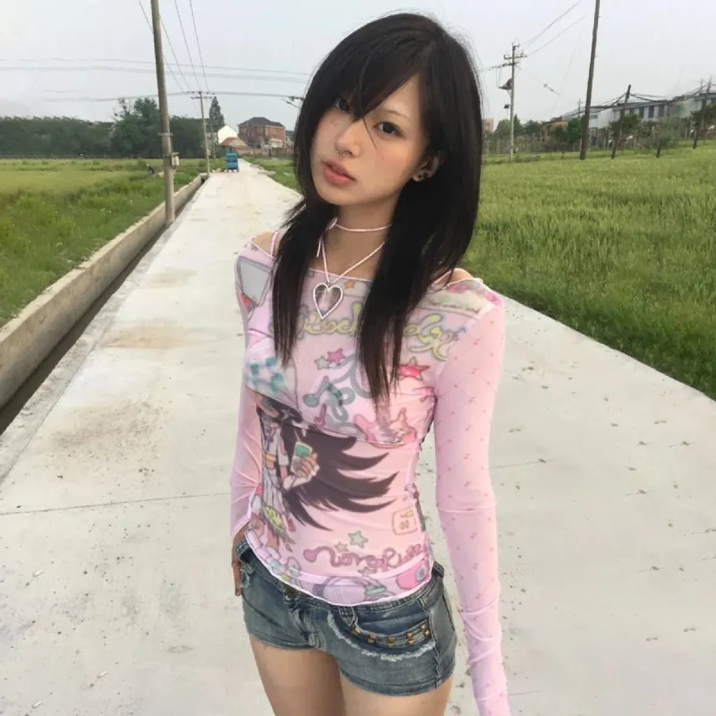 Y2K Anime Print Mesh Top – Pink Sheer Harajuku Kawaii T-Shirt - T-Shirts - Long - Crew - T-Shirts - 3