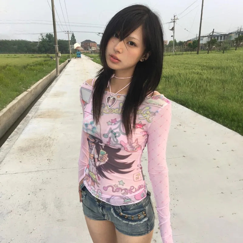 Y2K Anime Print Mesh Top – Pink Sheer Harajuku Kawaii T-Shirt - T-Shirts - Tank Tops - 2025 - 3 - Worldwide Shipping