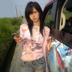 Y2K Anime Print Mesh Top – Pink Sheer Harajuku Kawaii T-Shirt - T-Shirts - Long - Crew - T-Shirts - 4