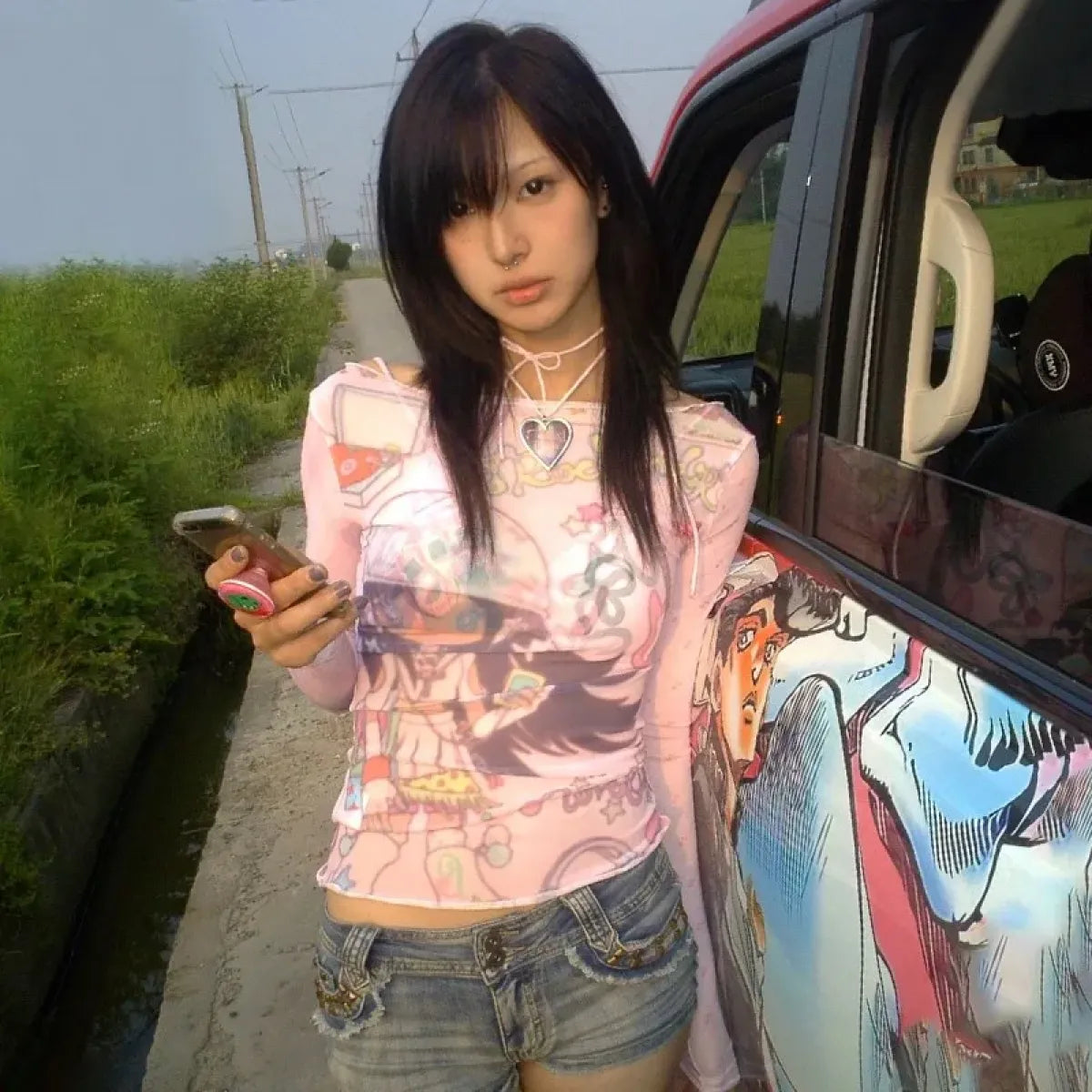 Y2K Anime Print Mesh Top – Pink Sheer Harajuku Kawaii T-Shirt - T-Shirts - Long - Crew - T-Shirts - 4