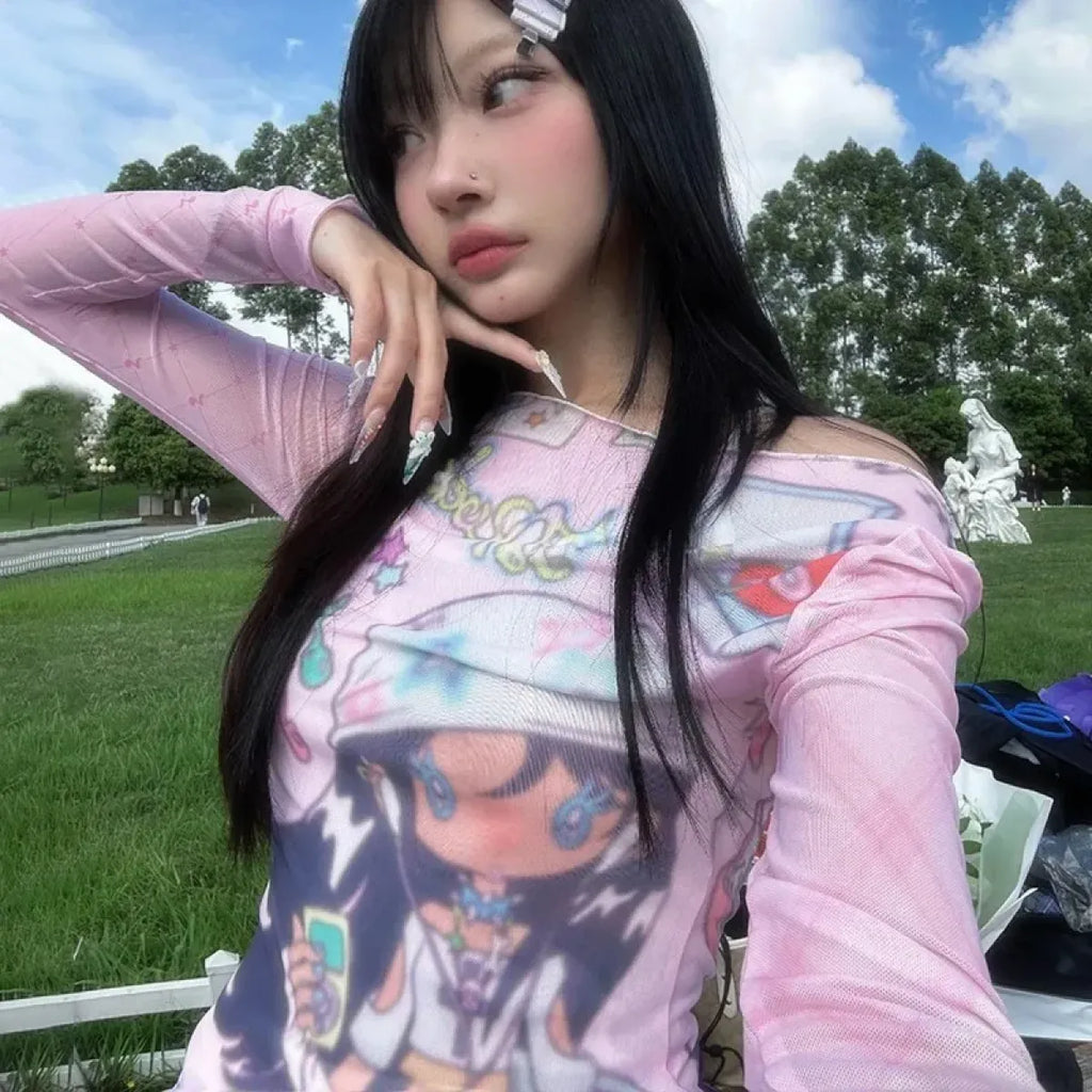 Y2K Anime Print Mesh Top – Pink Sheer Harajuku Kawaii T-Shirt - T-Shirts - Long - Crew - T-Shirts - 6