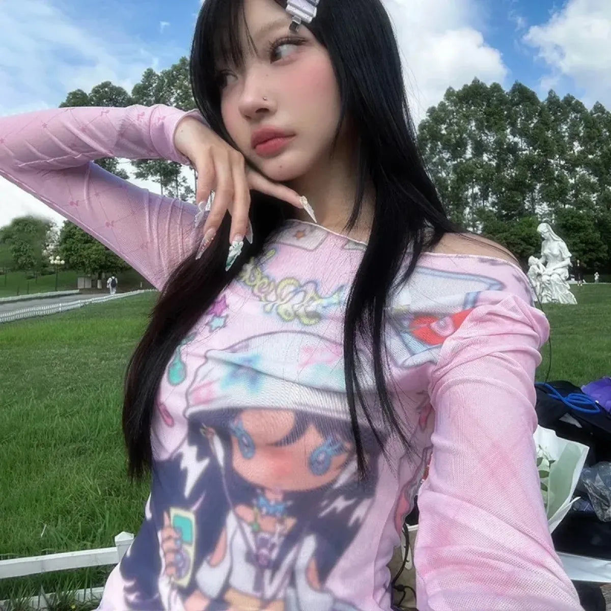 Y2K Anime Print Mesh Top – Pink Sheer Harajuku Kawaii T-Shirt - T-Shirts - Long - Crew - T-Shirts - 6