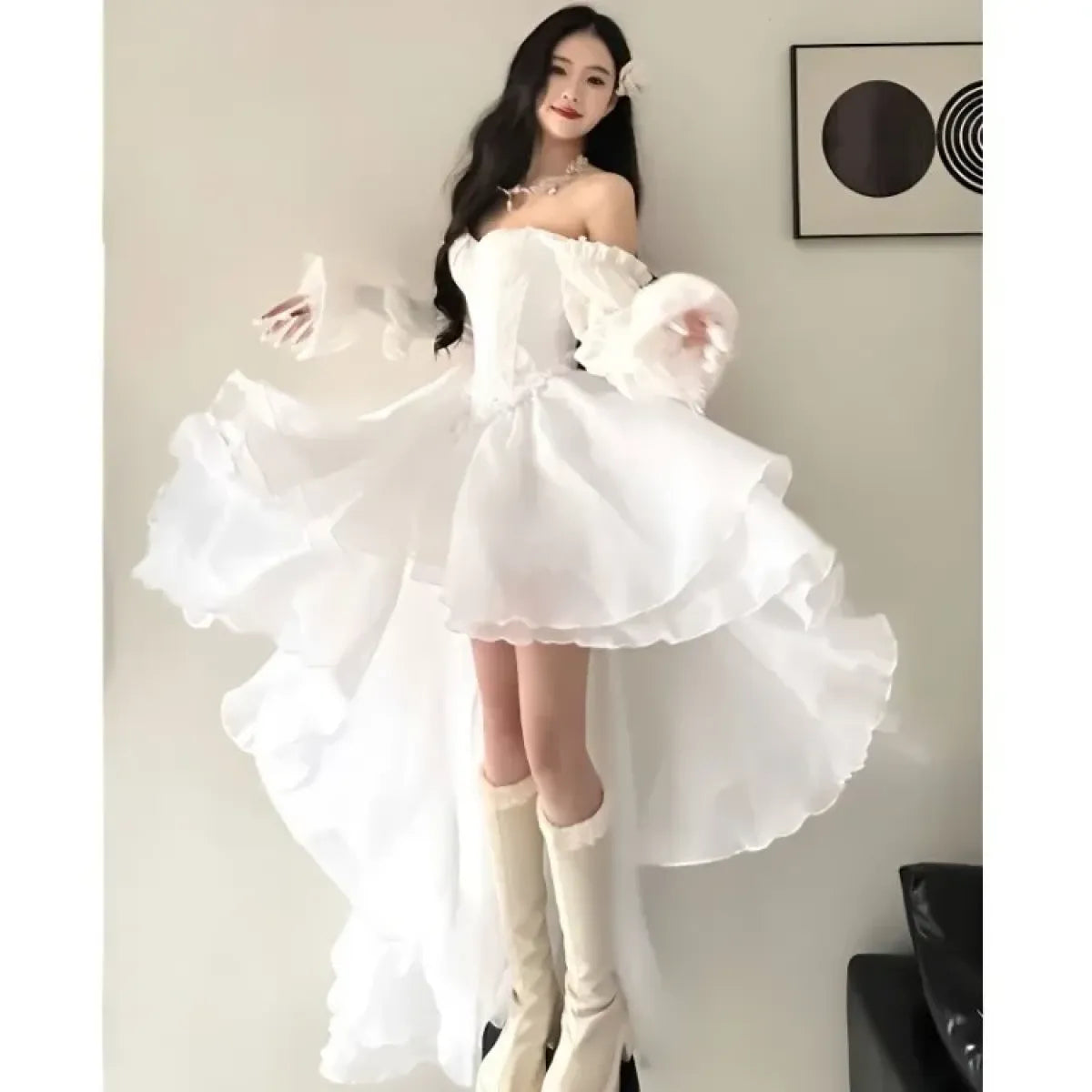 Y2K Ruffle One-Shoulder White Asymmetrical Dress - All Dresses - One-Piece Dress - 2