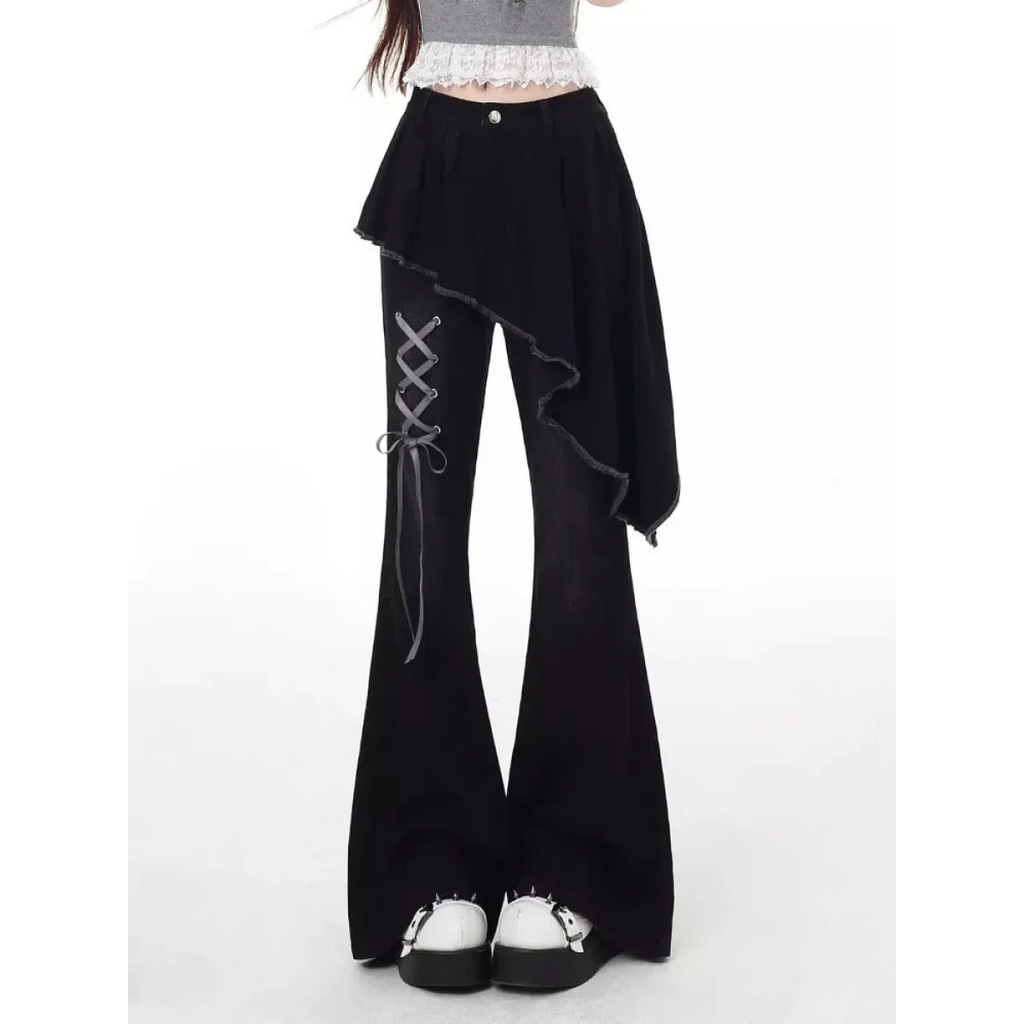 Y2K Asymmetrical Skirted Bell Bottom Jeans - Bottoms - Jeans - 1
