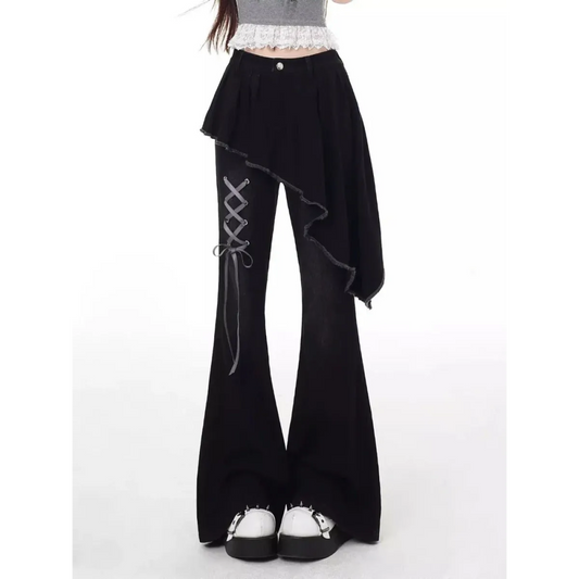 Y2K Asymmetrical Skirted Bell Bottom Jeans - Bottoms - Jeans - 1