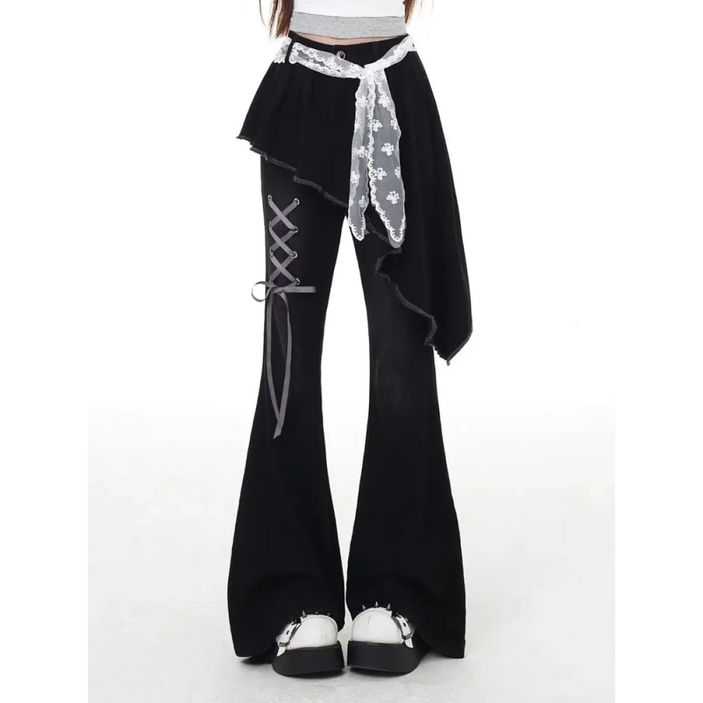 Y2K Asymmetrical Skirted Bell Bottom Jeans - Bottoms - Jeans - 2