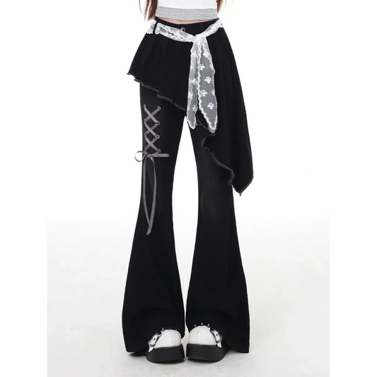 Y2K Asymmetrical Skirted Bell Bottom Jeans - Bottoms - Jeans - 2