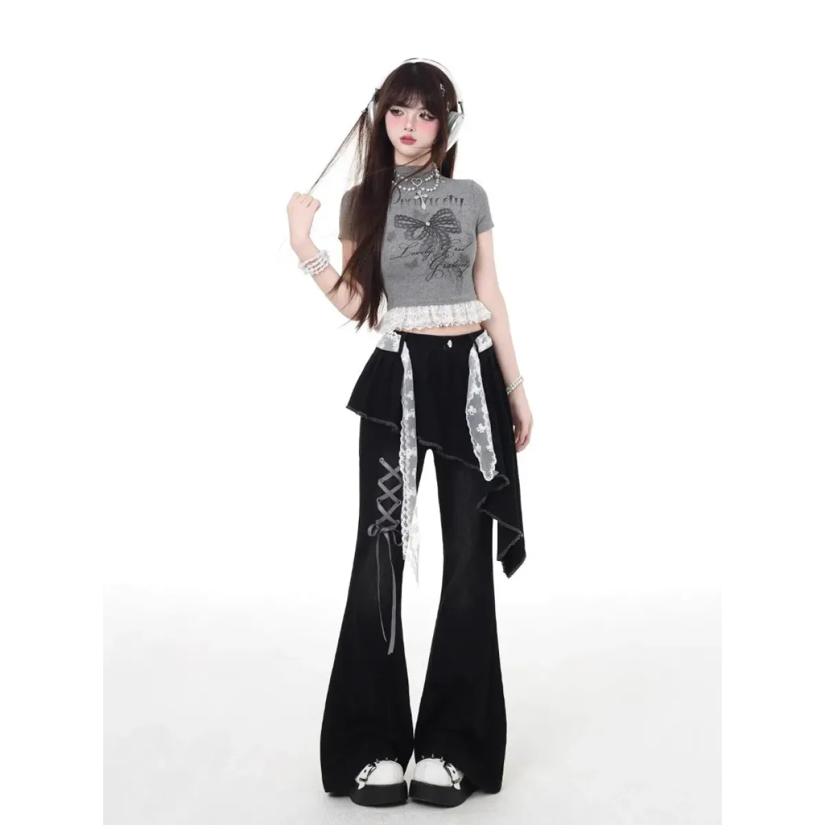 Y2K Asymmetrical Skirted Bell Bottom Jeans - Bottoms - Jeans - 4