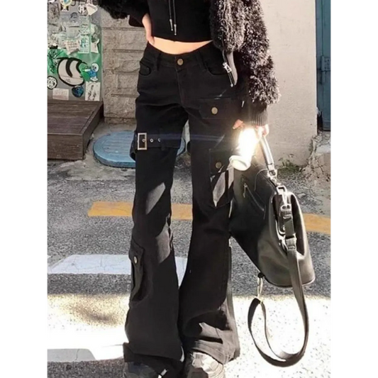 Y2K Black Bell Bottom Cargo Jeans - Bottoms - Jeans - 1