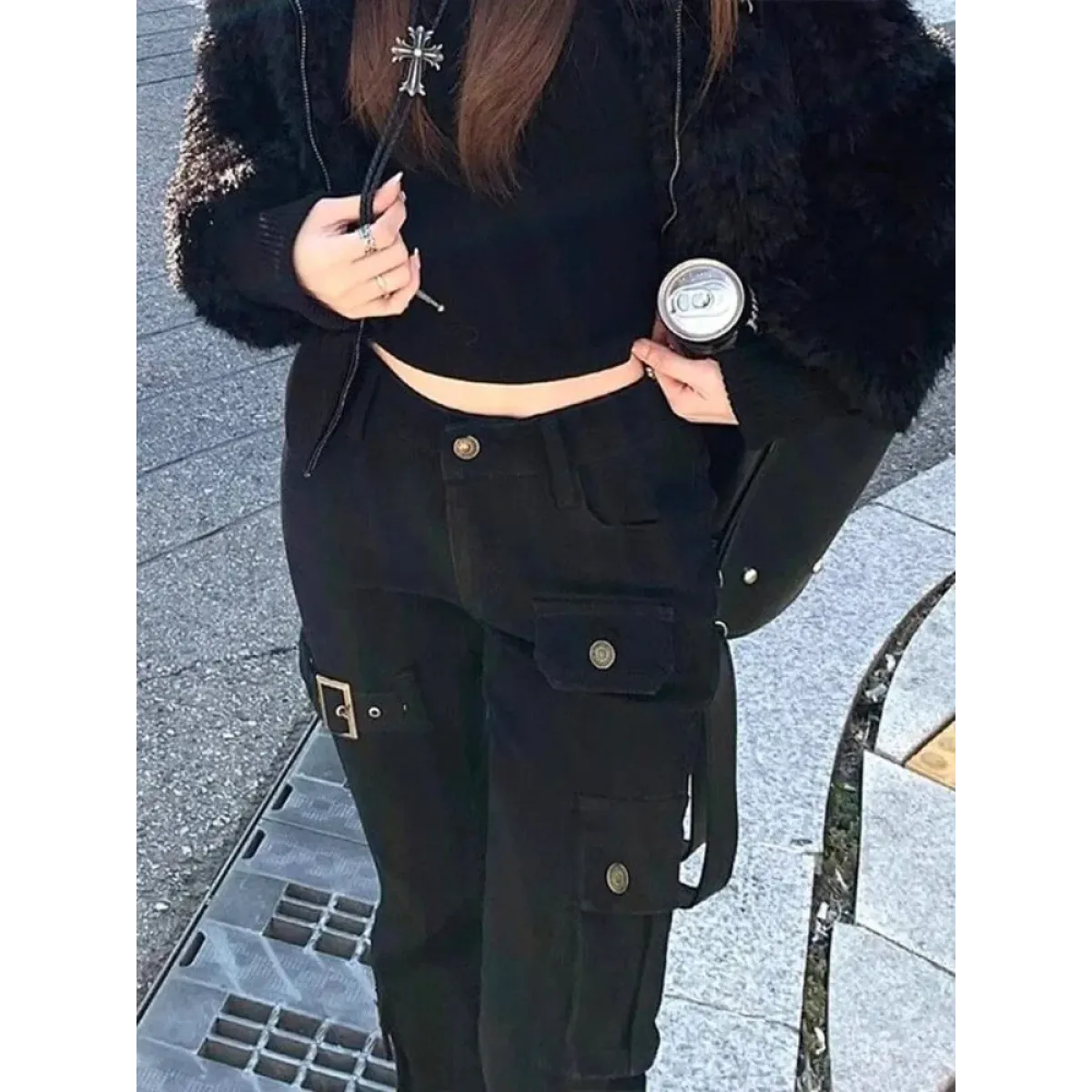 Y2K Black Bell Bottom Cargo Jeans - Bottoms - Jeans - 4