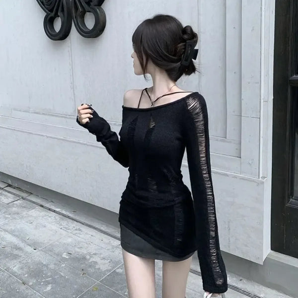 Black Y2K Hollow Knit Off Shoulder Sweater - Sweaters - Sweater / Pullover - 1