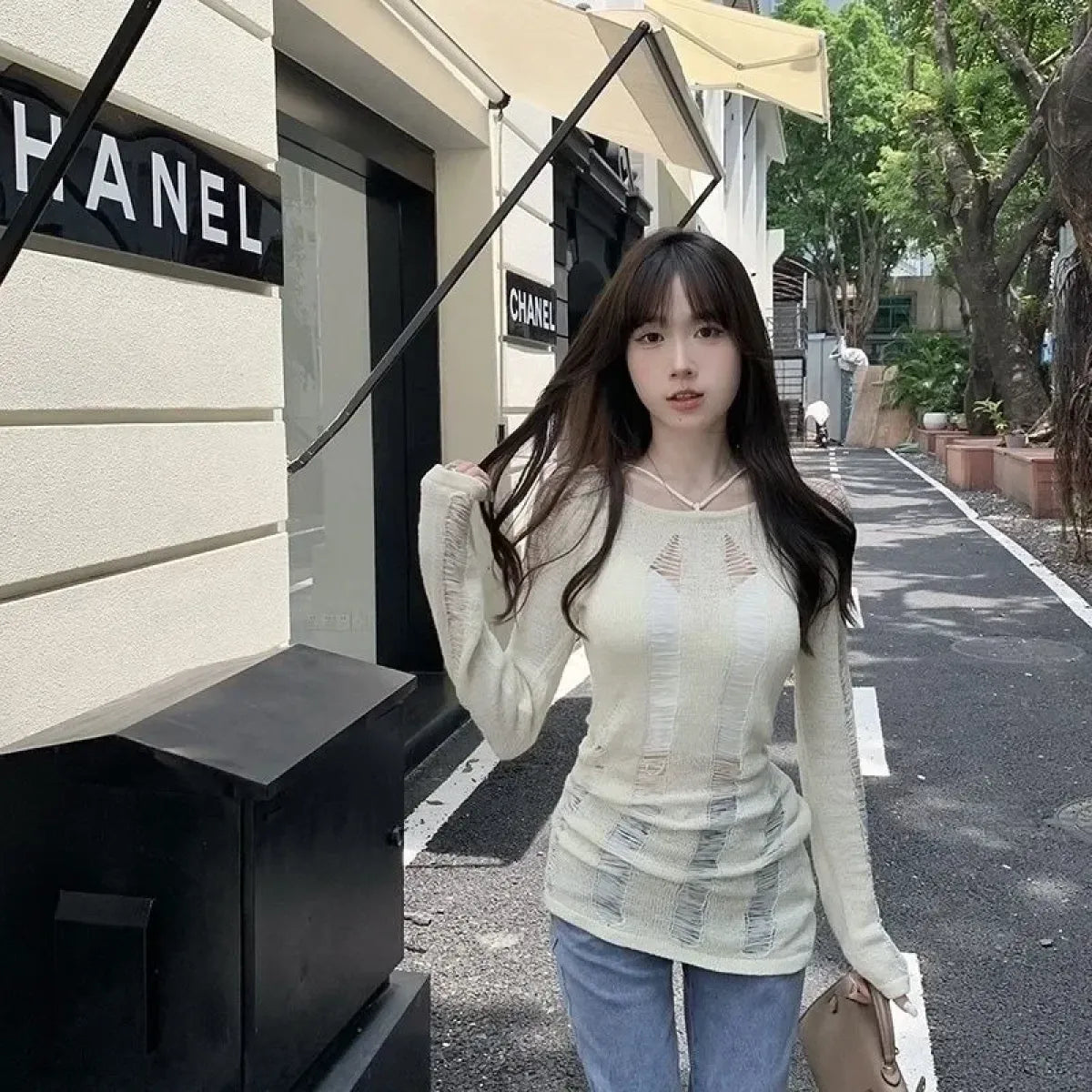 Black Y2K Hollow Knit Off Shoulder Sweater - Sweaters - Sweater / Pullover - 5