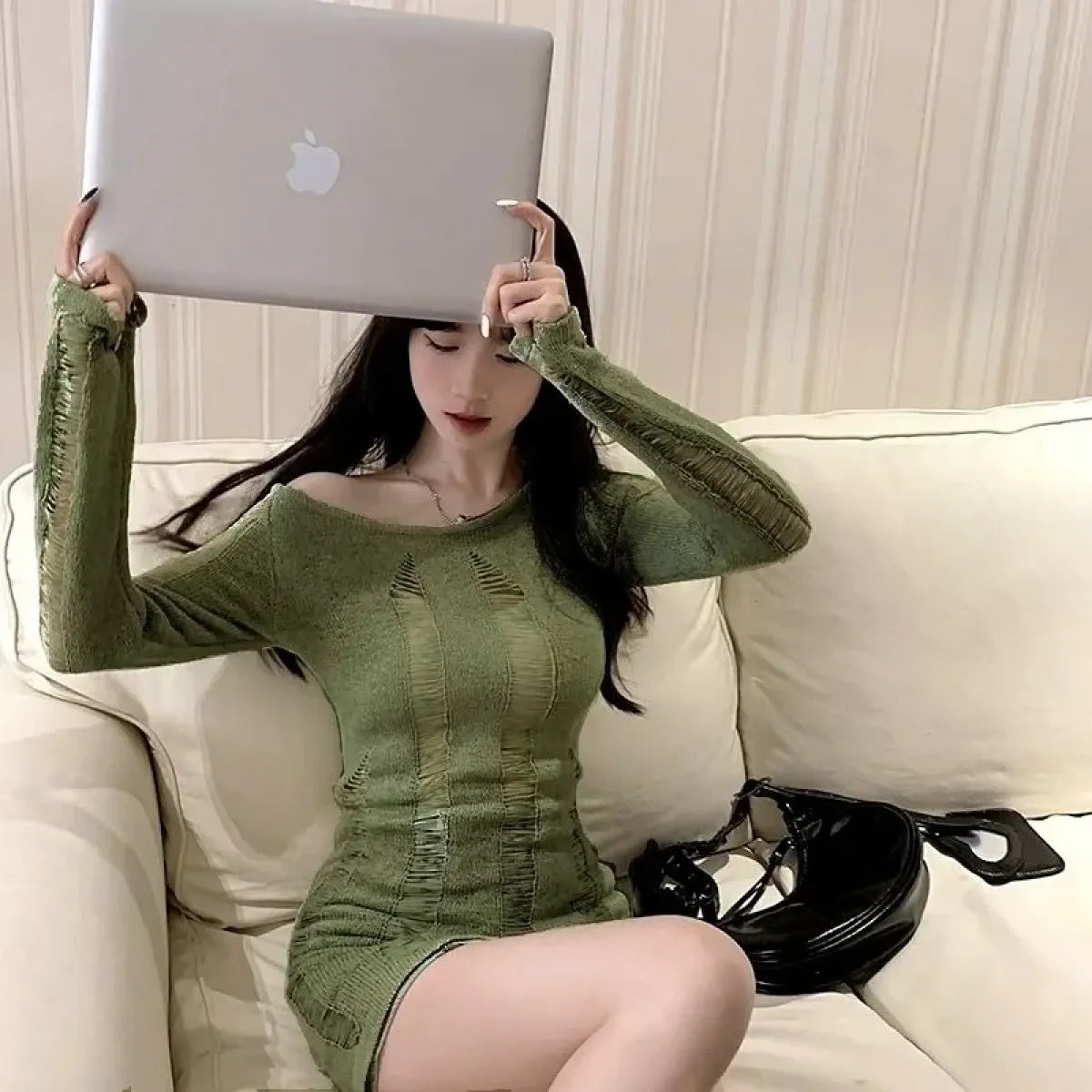 Black Y2K Hollow Knit Off Shoulder Sweater - Sweaters - Sweater / Pullover - 6