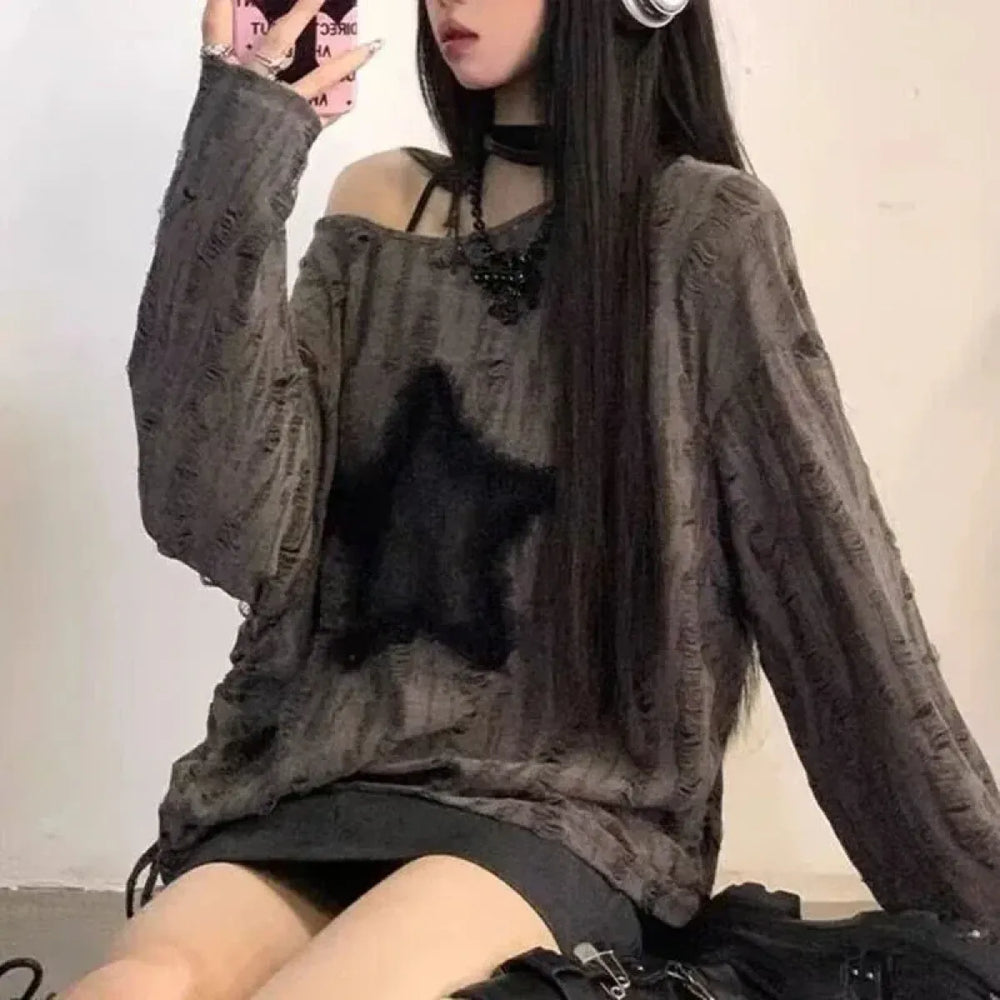 Y2K Star Distressed Off-Shoulder Long Sleeve Tee - T-Shirts - T-Shirt - 1