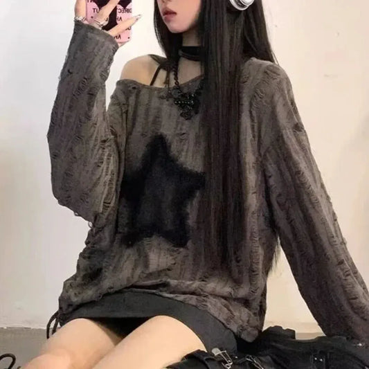 Y2K Star Distressed Off-Shoulder Long Sleeve Tee - T-Shirts - T-Shirt - 1