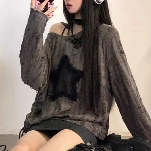 Y2K Star Distressed Off-Shoulder Long Sleeve Tee - T-Shirts - T-Shirt - 1