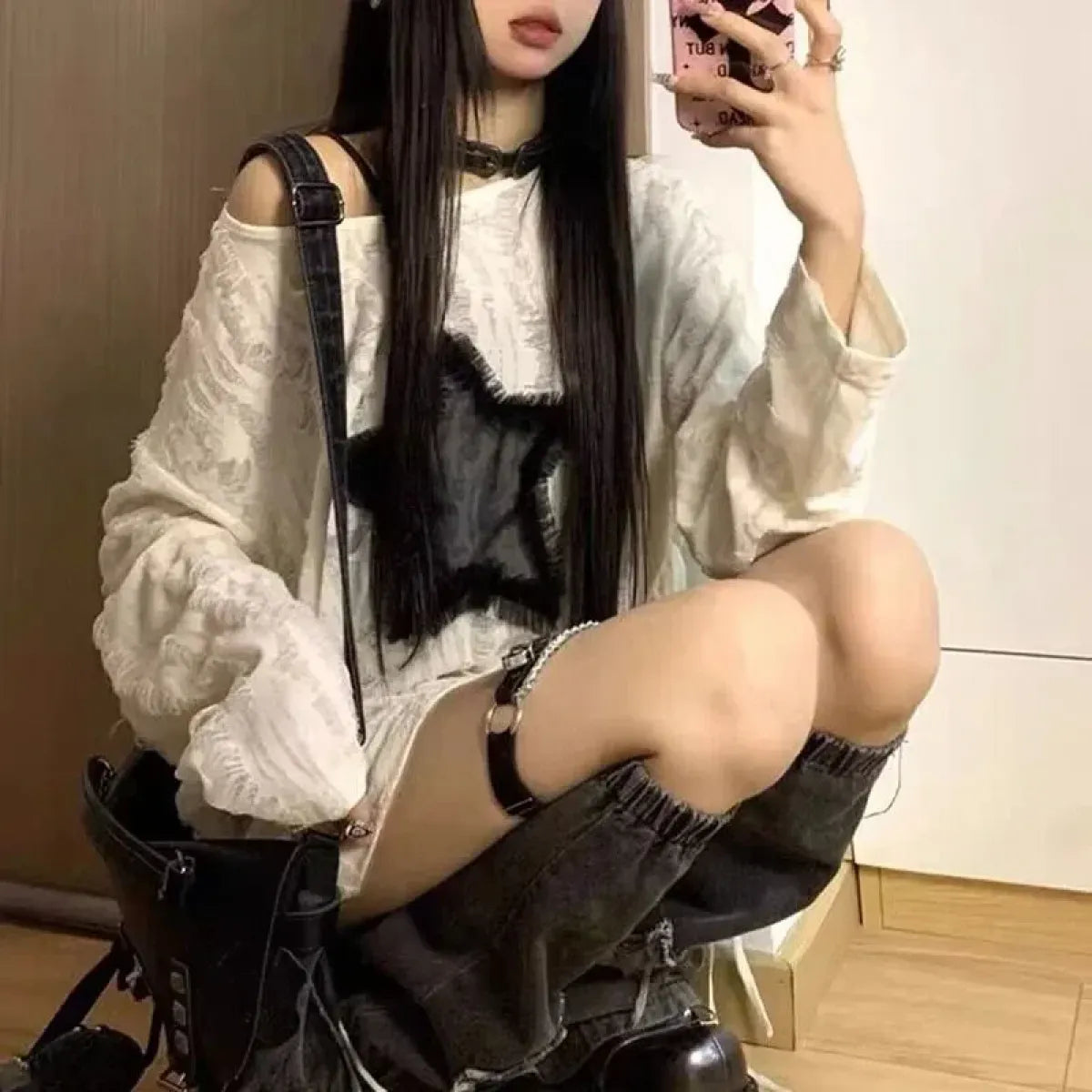 Y2K Star Distressed Off-Shoulder Long Sleeve Tee - T-Shirts - T-Shirt - 4