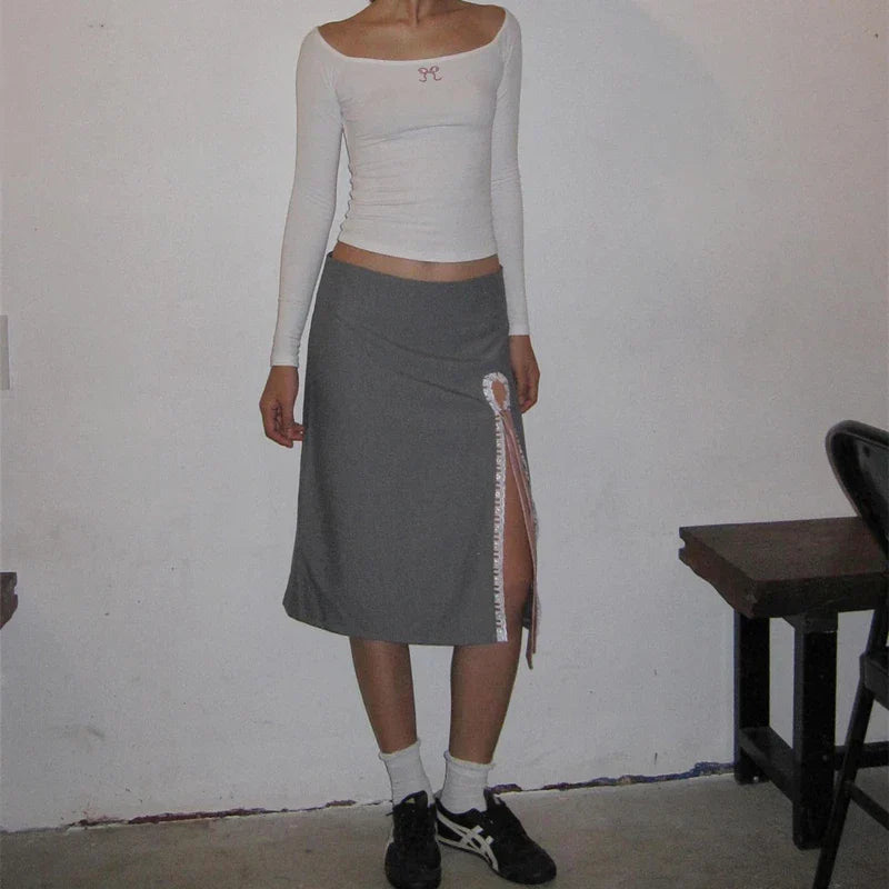 Y2K Blokette Coquette Aesthetic Clothes Gray Midi Skirt with Slit - Bottoms - Skirts - 2 - 2024