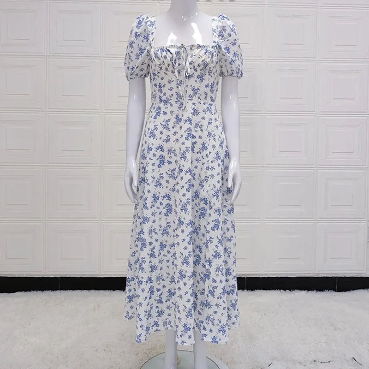 Y2K Blue Floral Puff Sleeve Split Dress - All Dresses - Midi Dress - 4