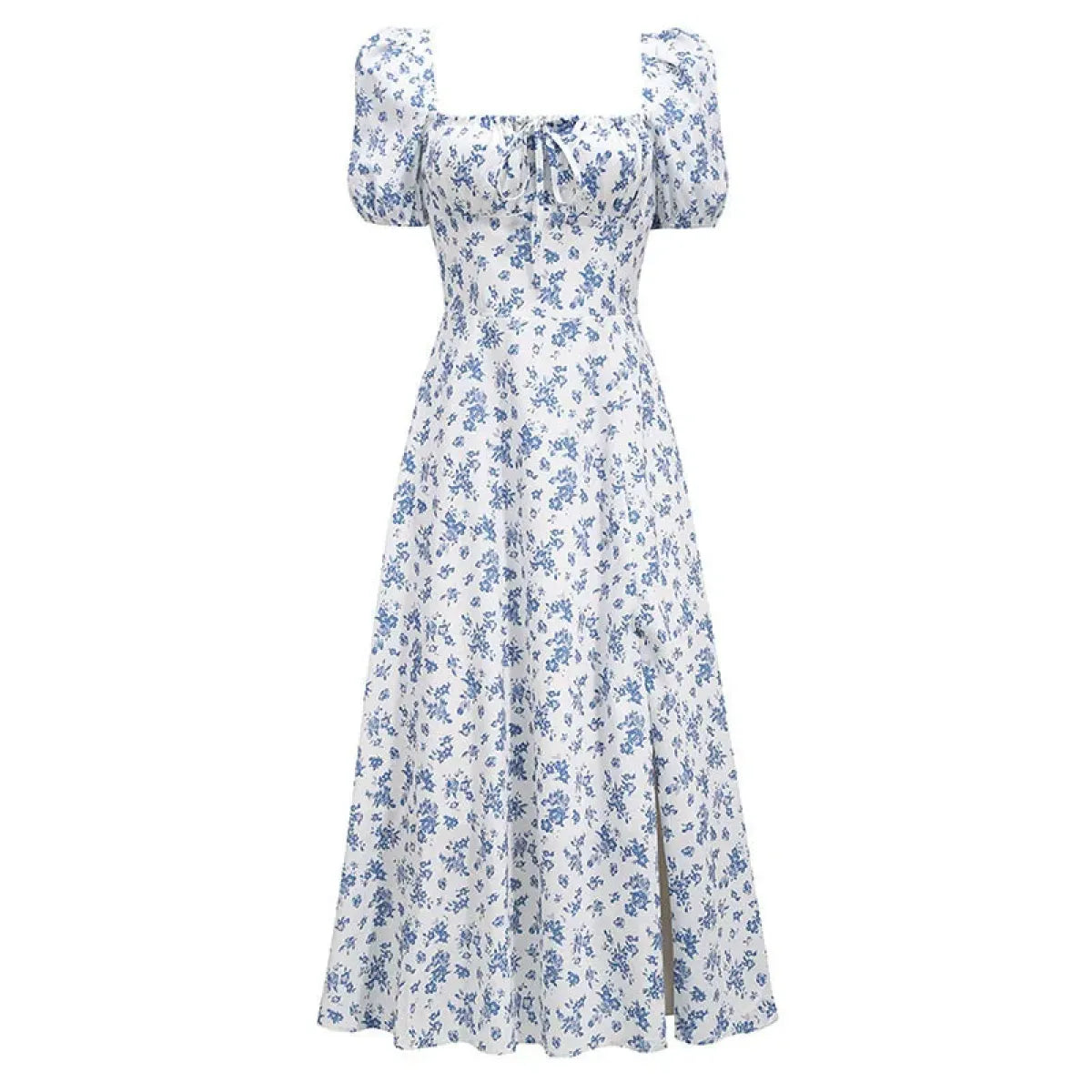 Y2K Blue Floral Puff Sleeve Split Dress - All Dresses - Midi Dress - 5