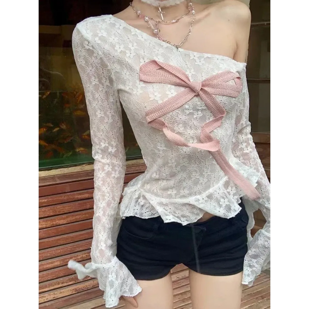 Lace Off-Shoulder Top – Y2K Bow Sweet Aesthetic - T-Shirts - Long - Off-Shoulder - Tops - 1