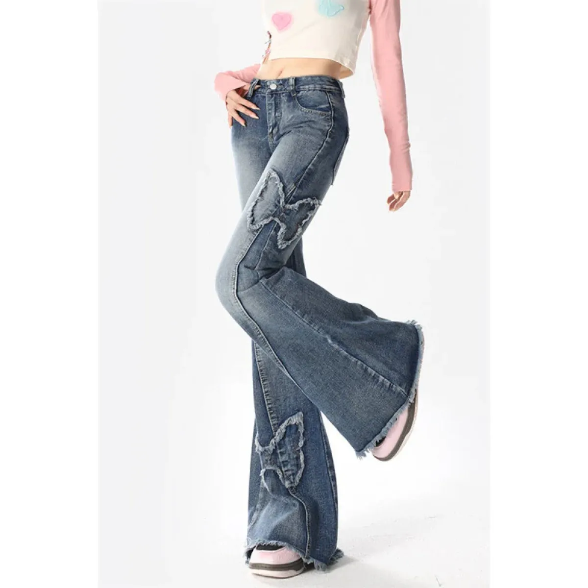 Y2K Butterfly Flare Jeans – 90s Vintage Low-Waist Denim - Bottoms - Women’s Jeans - 2