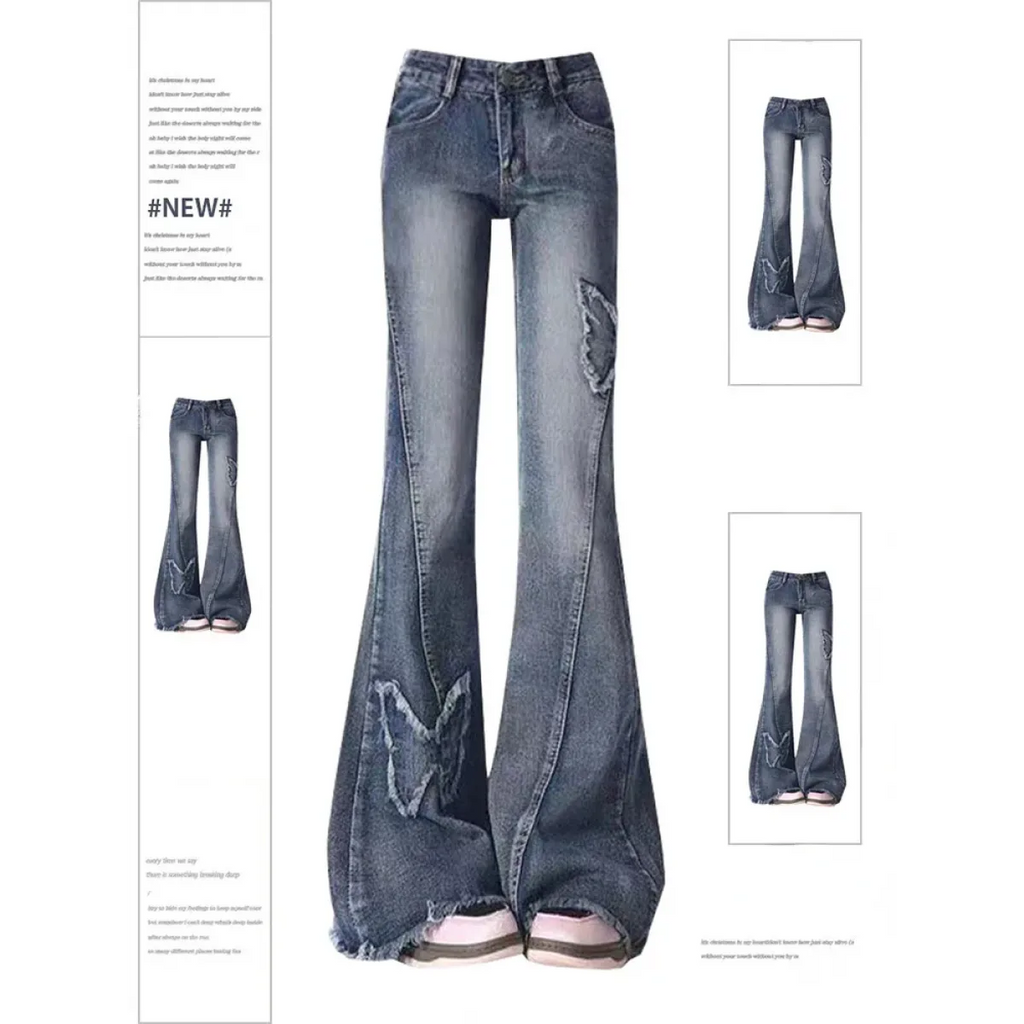 Y2K Butterfly Flare Jeans – 90s Vintage Low-Waist Denim - Bottoms - Women’s Jeans - 1