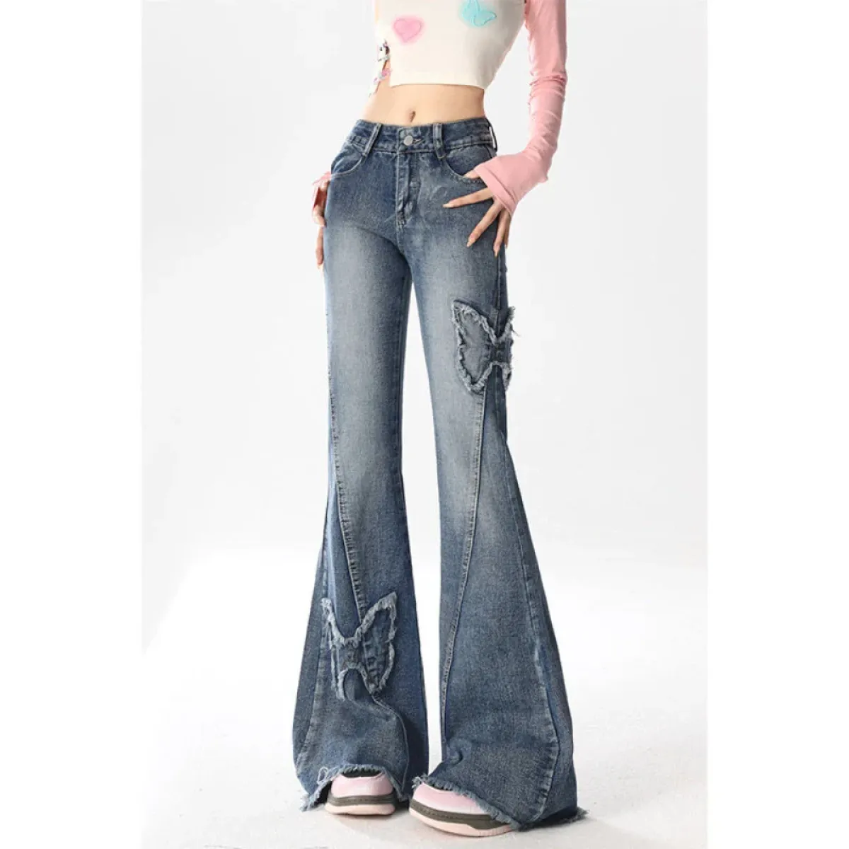 Y2K Butterfly Flare Jeans – 90s Vintage Low-Waist Denim - Bottoms - Women’s Jeans - 3