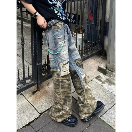 Y2K Camouflage Patchwork Wide Leg Jeans - Bottoms - Jeans - 1