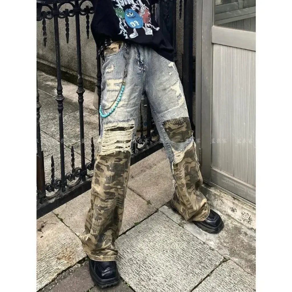 Y2K Camouflage Patchwork Wide Leg Jeans - Bottoms - Jeans - 2